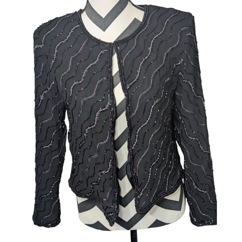 Vintage Papell Boutique Evening Black Beaded Jacket L 100% Silk Bolero
